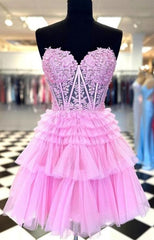 Prom Dresse Two Piece, Strapless Sheer Lace Corset Homecoming Dress with Ruffle Tulle Skirt
