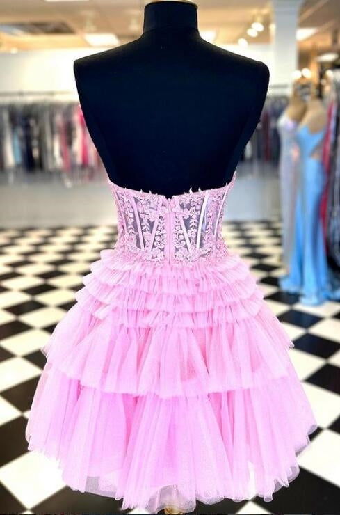 Prom Dresses Two Pieces, Strapless Sheer Lace Corset Homecoming Dress with Ruffle Tulle Skirt