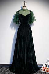 Green Velvet Long A-Line Prom Dress Evening Dresses