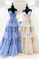 Prom Dress Long Mermaid, Sparkly Spaghetti Straps Tiered Tulle Prom Dress, New Long Party Gown