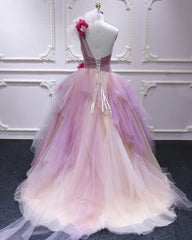 Semi Formal Dress, Puffy One Shoulder Sleeveless Tulle Prom Dress with Flowers, Ruffles Quinceanera Dress