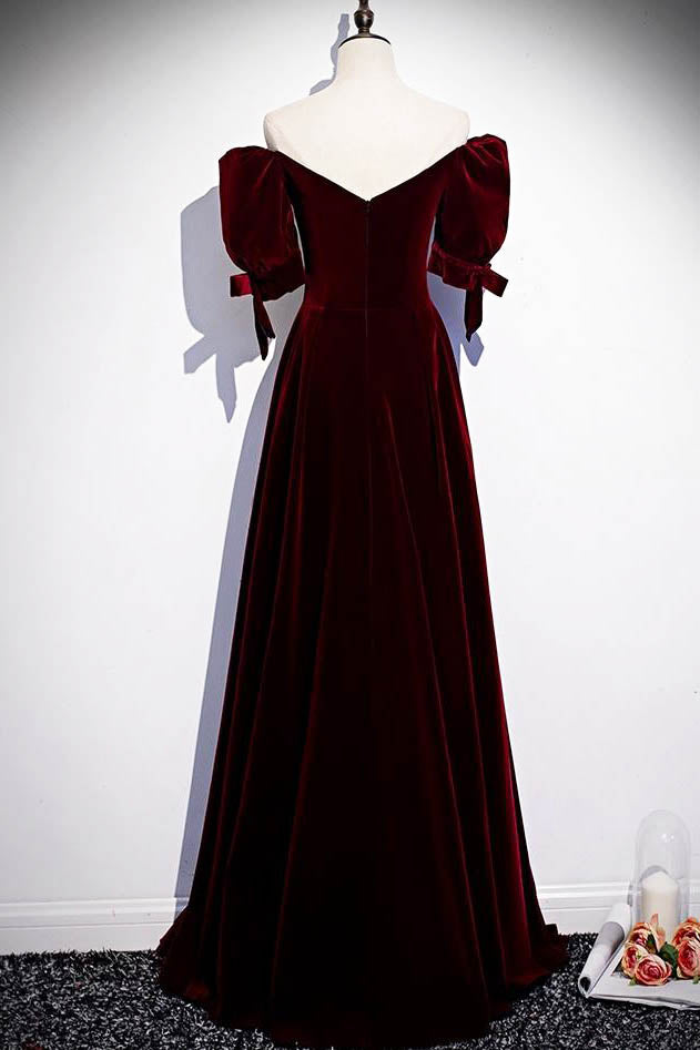 Wedding Shoes, Modest Burgundy Long Prom Dresses with Short Sleeves Vintage Evening Gown
