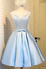 Party Dress For Teen, Blue A Line Princess V Neck Backless Appliques Homecoming Dresses