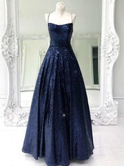 Prom Dresses Brown, Shiny Backless Navy Blue Long Shiny Open Back Navy Blue Long Prom Dresses