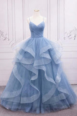Prom Dress Long With Sleeves, Shiny Blue Tulle A-Line Spaghetti Straps Long Prom Dresses