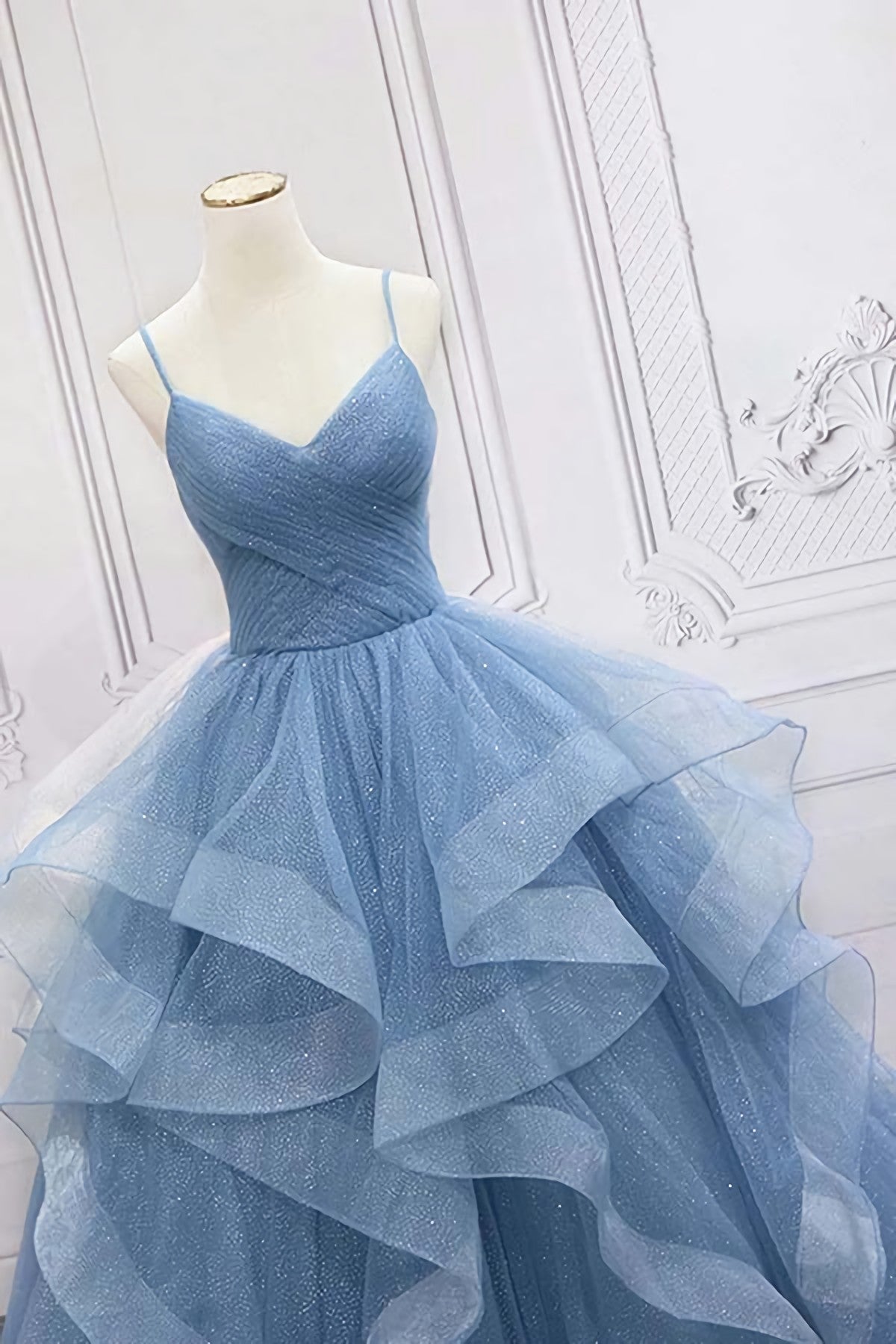Prom Dresses Long With Sleeves, Shiny Blue Tulle A-Line Spaghetti Straps Long Prom Dresses