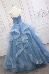 Prom Dress Long Mermaid, Shiny Blue Tulle A-Line Spaghetti Straps Long Prom Dresses
