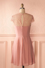 Prom Dresses For Brunettes, Short Cap Sleeves Pink Chiffon Bridesmaid Dress