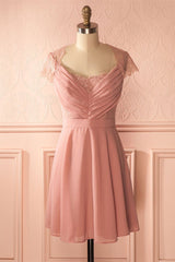 Prom Dress Ballgown, Short Cap Sleeves Pink Chiffon Bridesmaid Dress