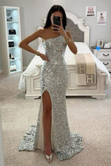 Silver Mermaid One Shoulder Long Glitter Sequin Prom Dress With Slit
