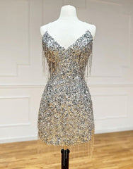 Formal Dresses 2034, Silver V-Neck Glitter Sequin Homecoming Dress With Tassel