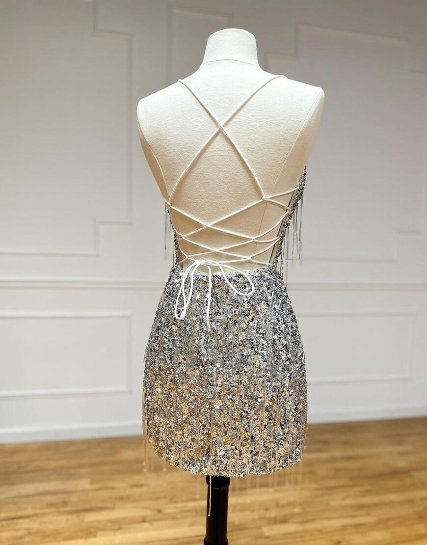 Formal Dresses Vintage, Silver V-Neck Glitter Sequin Homecoming Dress With Tassel