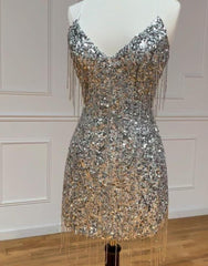 Formal Dresses Prom, Silver V-Neck Glitter Sequin Homecoming Dress With Tassel