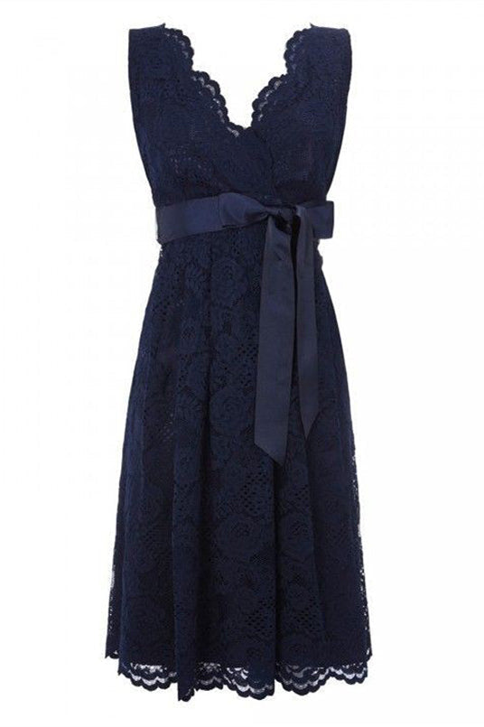 Prom Dresses Around Me, Simple V Neck Short Lace Navy Blue Bridesmaid Dress with Sash