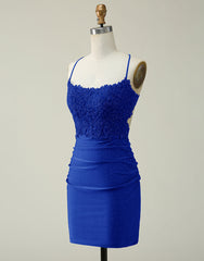 Formal Dresses Website, Royal Blue Lace Top Spaghetti Straps Body Homecoming Dress