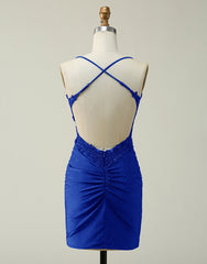 Formal Dresses Websites, Royal Blue Lace Top Spaghetti Straps Body Homecoming Dress