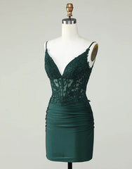 Formal Wedding Guest Dress, Spaghetti Straps Dark Green Short Tight Homecoming Party Dress