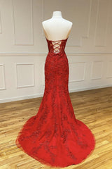 Formal Dresses For Woman, Strapless Sweetheart Neck Mermaid Red Lace Long Prom Dress, Mermaid Red Lace Formal Dress, Red Lace Evening Dress
