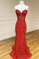 Formal Dress Summer, Strapless Sweetheart Neck Mermaid Red Lace Long Prom Dress, Mermaid Red Lace Formal Dress, Red Lace Evening Dress