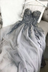 Prom Dresses Princess Style, Strapless Sweetheart Neck Gray Lace Long Strapless Gray Lace Lace Gray Prom Dresses