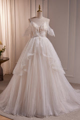 Wedding Dresses Summer, Elegant Tulle Spaghetti Straps Ball Gown Wedding Dress with Beads