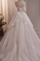 Wedding Dress With Sleev, Elegant Tulle Spaghetti Straps Ball Gown Wedding Dress with Beads