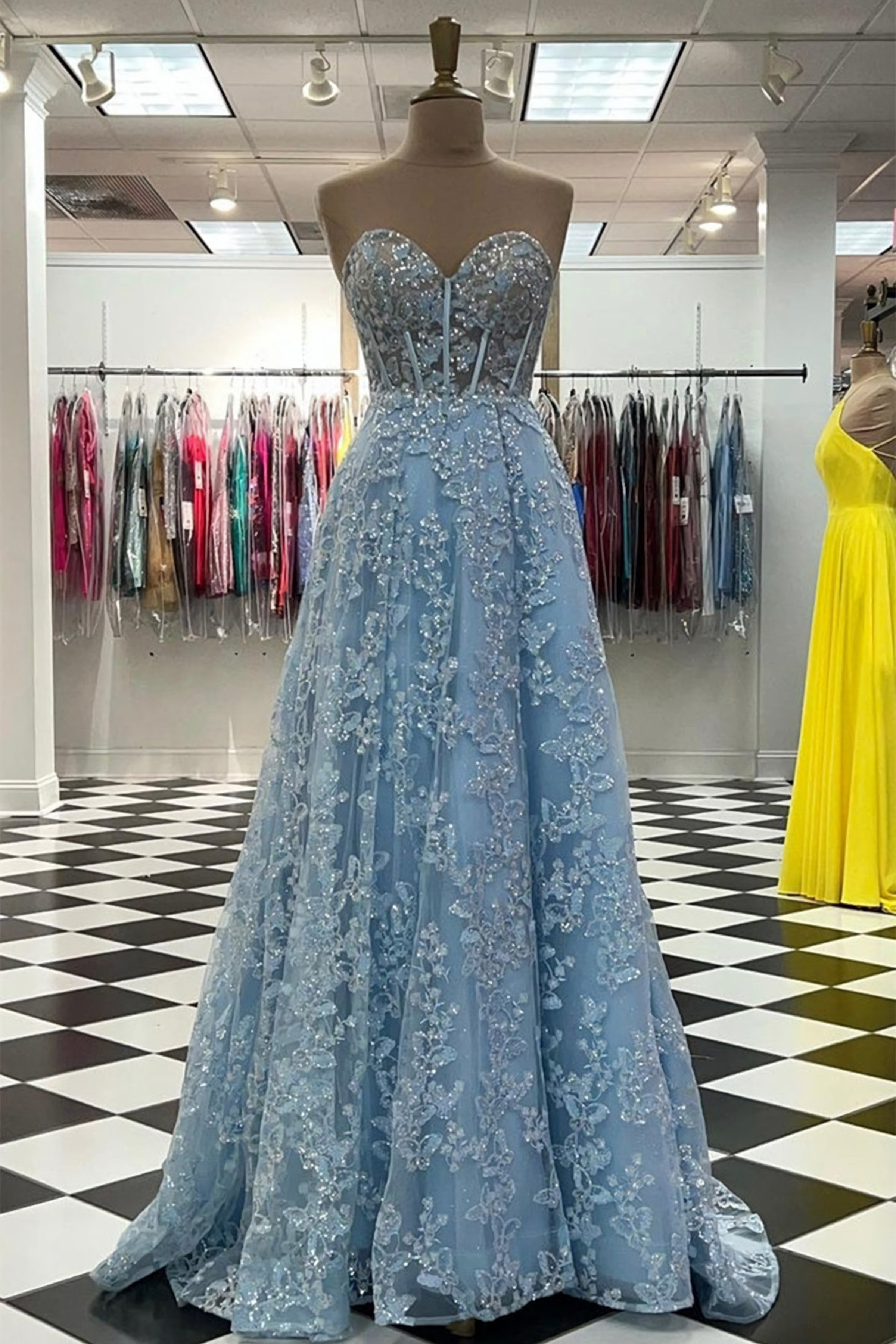 Formal Dress On Sale, Sweetheart Neck Blue Lace Appliques Long Prom Dress, With Long Sleeves Blue Lace Floral Formal Graduation Evening Dress