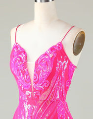 Party Dresses, Sparkly Hot Pink Spaghetti Straps Tight Sequins Homecoming Dress