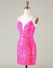 Party Dress Black And Gold, Sparkly Hot Pink Spaghetti Straps Tight Sequins Homecoming Dress
