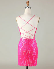 Prom Dress Inspiration, Sparkly Hot Pink Spaghetti Straps Tight Sequins Homecoming Dress