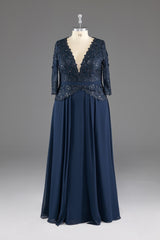 Party Dresses Shopping, Navy V-Neck Long Sleeves Lace Appliques Chiffon Prom Dress