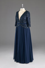 Party Dress Near Me, Navy V-Neck Long Sleeves Lace Appliques Chiffon Prom Dress