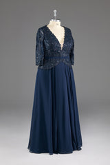 Party Dresses Near Me, Navy V-Neck Long Sleeves Lace Appliques Chiffon Prom Dress