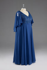 Prom Dresses Blue, A-line V-Neck Short Sleeves Chiffon Mother of The Bride Dress