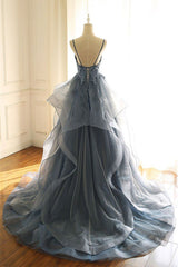 Prom Dress With Slits, V Neck Blue Gray Lace Prom Dresses, Blue Gray Lace Formal Graduation Prom Gown