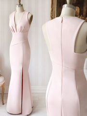 Prom Dresses Two Pieces, V Neck Pink Long Pink Long Wedding Dresses