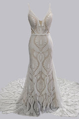 Weddings Dresses With Sleeves, Elegant Spaghetti Straps V Neck Mermaid Lace Wedding Dresses