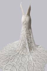 Wedding Dress Spring, Elegant Spaghetti Straps V Neck Mermaid Lace Wedding Dresses