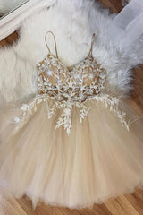 Homecoming Dress Classy, Beige Spaghetti Straps Homecoming Dress With Appliques