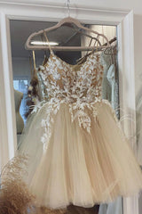 Homecoming Dresses Ideas, Beige Spaghetti Straps Homecoming Dress With Appliques