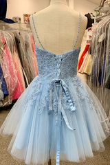 Homecoming Dresses Pink, Blue Spaghetti Straps Homecoming Dress With Appliques