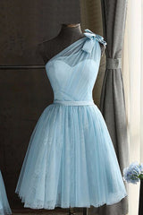 Homecoming Dress Pink, One Shoulder Blue Homecoming Dress With Bowknot
