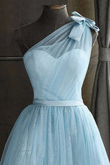 Homecoming Dresses With Sleeves, One Shoulder Blue Homecoming Dress With Bowknot