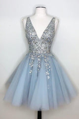 Homecoming Dresses Freshman, Blue V Neck Homecoming Dress With Beadings