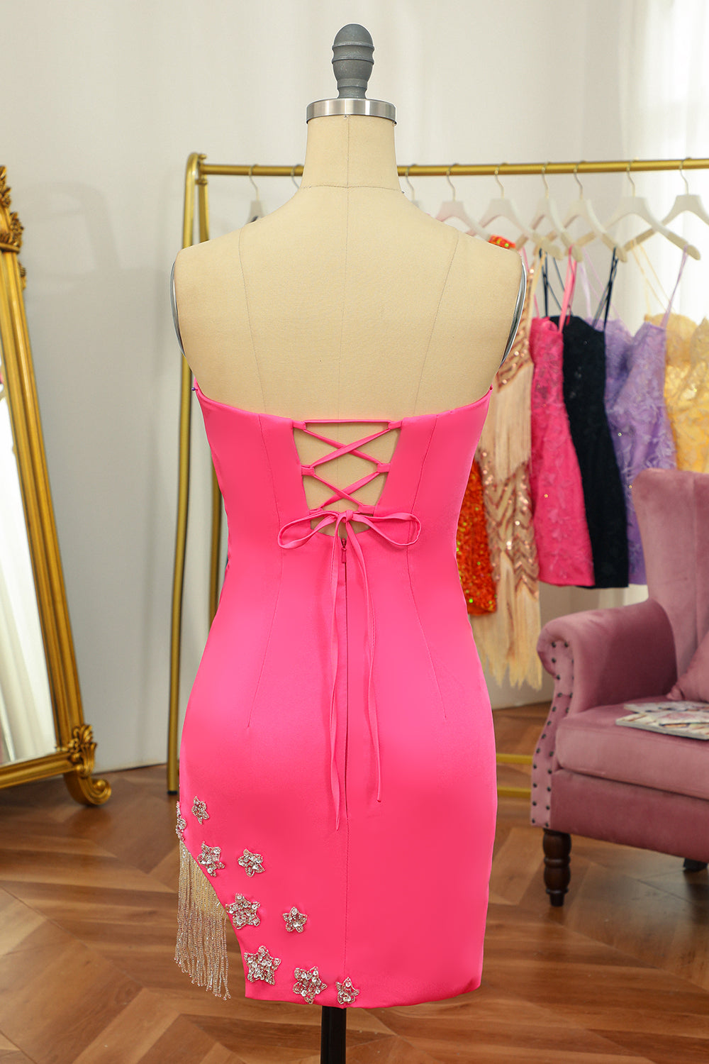 Party Dresses, Pink Tight Short Homecoming Dress with Star and Fringes