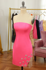 Party Dress Long Sleeve Maxi, Pink Tight Short Homecoming Dress with Star and Fringes