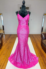 Party Dresses Teen, Fuchsia Mermaid Backless Sequined Prom Dress