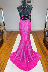 Party Dress Look, Fuchsia Mermaid Backless Sequined Prom Dress