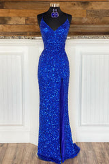Bridesmaids Dresses Blue, Mermaid Spaghetti Straps Royal Blue Sequins Long Prom Dress