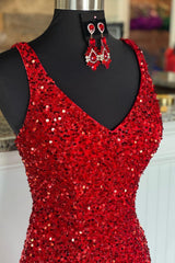 Bridesmaid Dresses Mismatched Fall, Sheath Spaghetti Straps Red Sequins Prom Dress with Split Front
